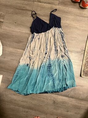 Akiko Navy and Aqua Tie-Dye Spaghetti Strap Summer Dress